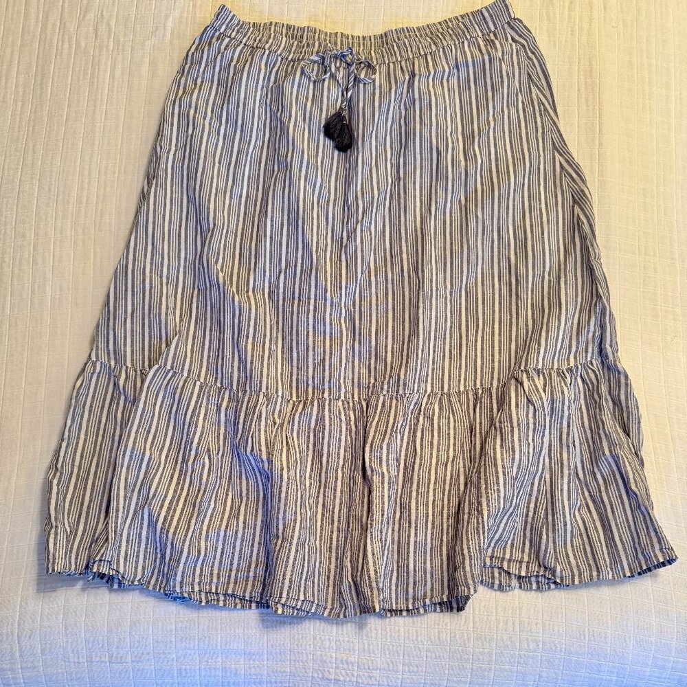 Talbots Blue and White Stripe Linen Maxi Skirt With Ruffle Hem
